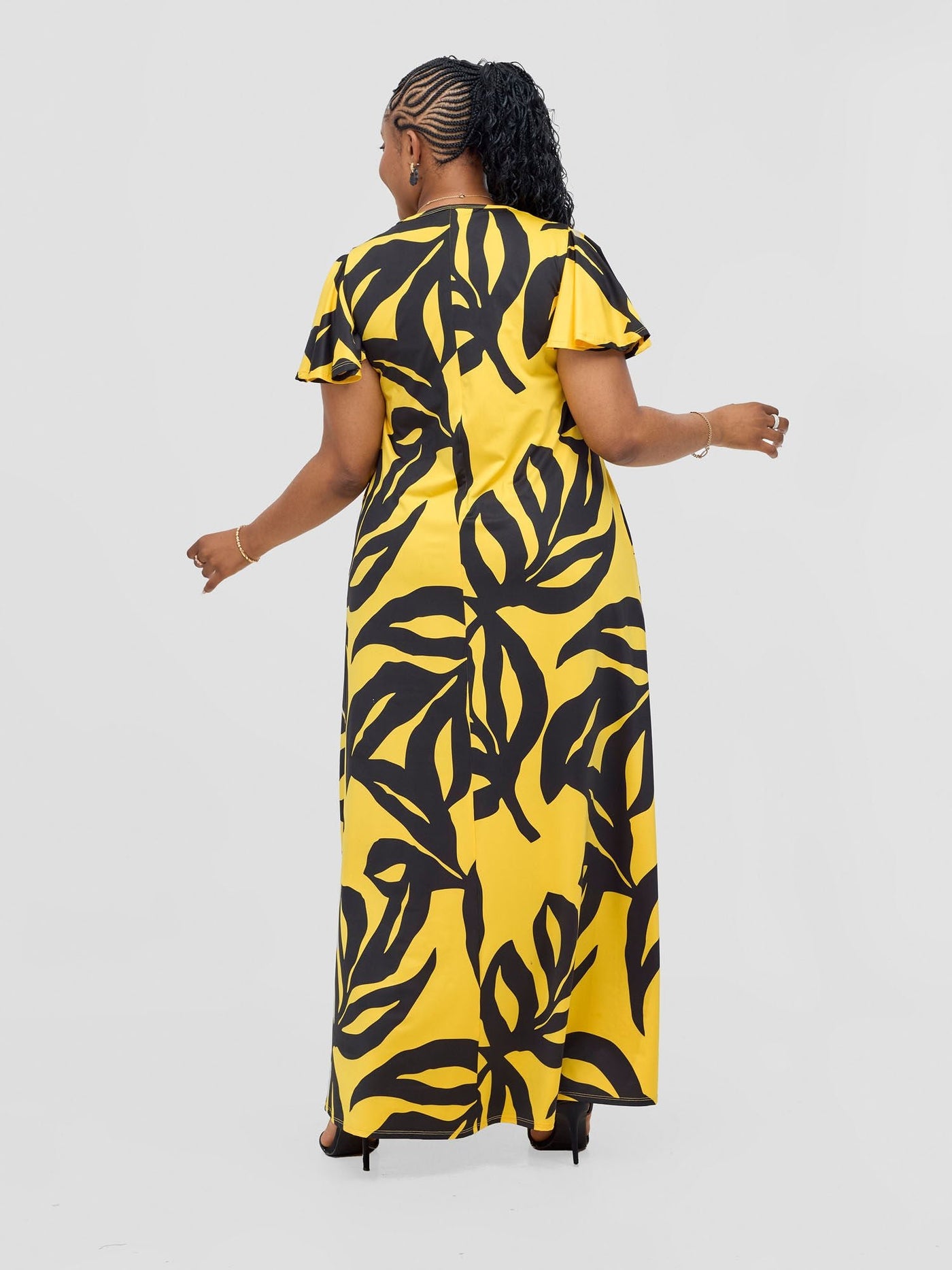 Vivo Ruwa Flounce Sleeve Tent Maxi Dress - Mustard / Black Sese Print - Shopzetu