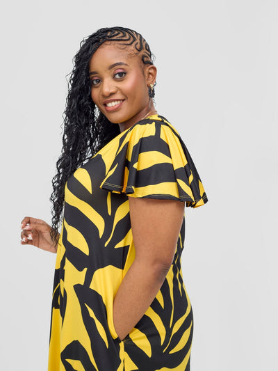 Vivo Ruwa Flounce Sleeve Tent Maxi Dress - Mustard / Black Sese Print - Shopzetu