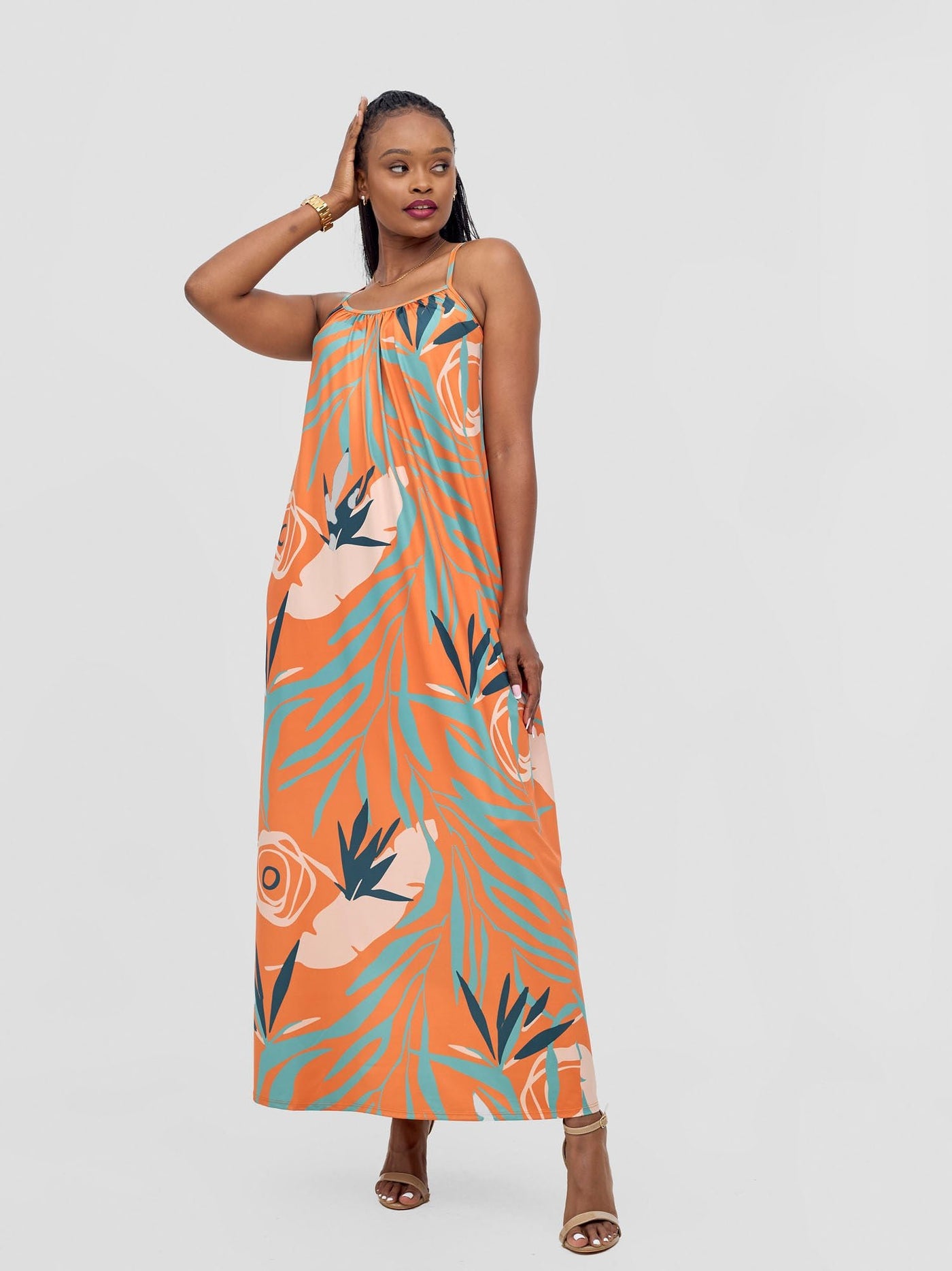 Vivo Sarabi Strappy Low Back Maxi Dress - Orange / Teal Deza Print - Shopzetu