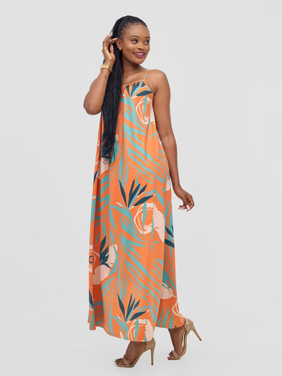 Vivo Sarabi Strappy Low Back Maxi Dress - Orange / Teal Deza Print - Shopzetu