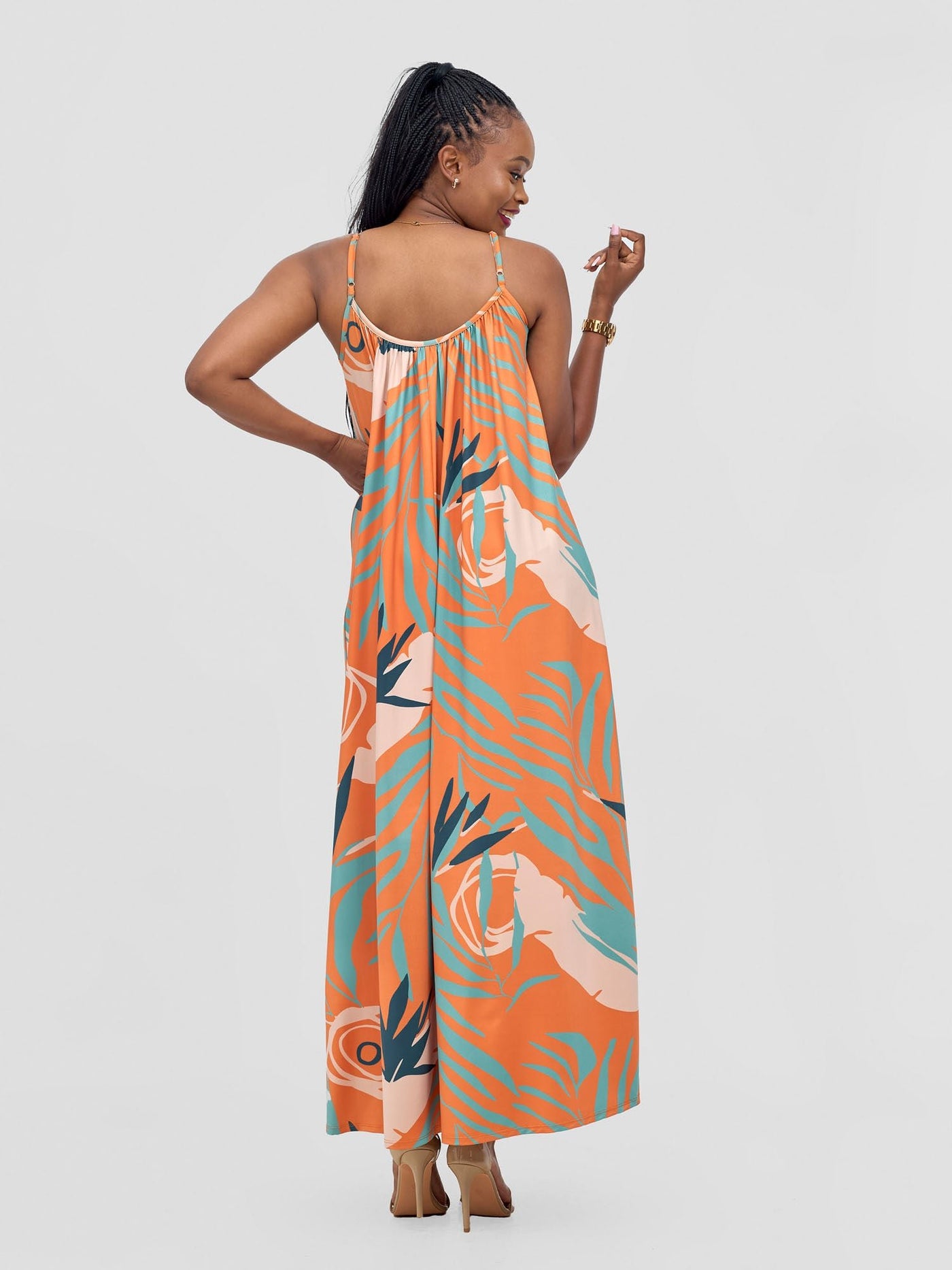 Vivo Sarabi Strappy Low Back Maxi Dress - Orange / Teal Deza Print - Shopzetu