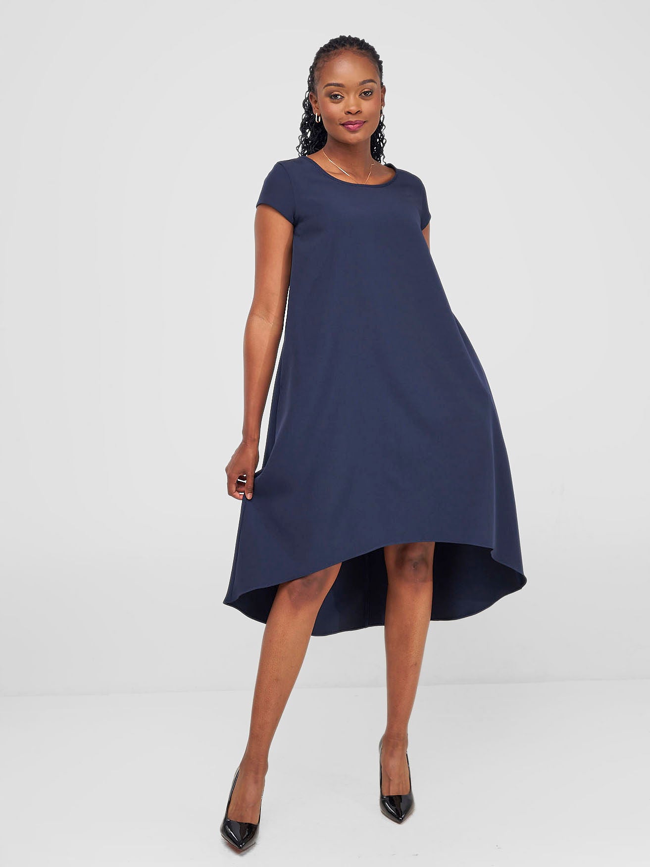 Vivo Pendo Cap Sleeve High Low Tent Dress - Navy Blue