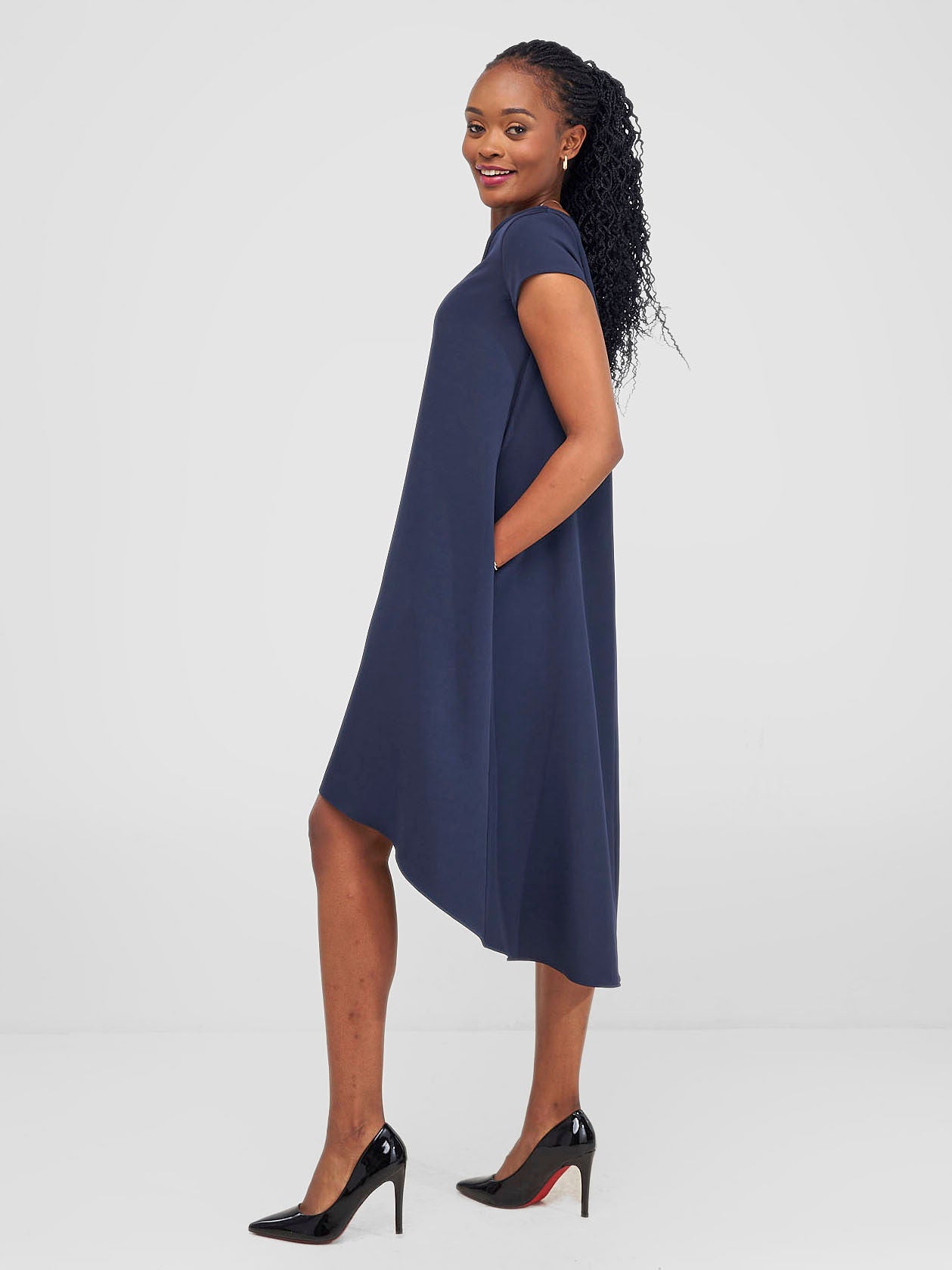 Vivo Pendo Cap Sleeve High Low Tent Dress - Navy Blue