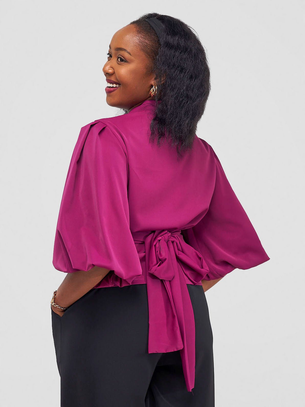 Vivo Zaria Bishop Sleeve Tie Top - Purple - Shopzetu