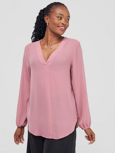 Vivo Dua Long Bishop Sleeve Top - Rose Pink Textured - Shopzetu