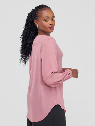 Vivo Dua Long Bishop Sleeve Top - Rose Pink Textured - Shopzetu