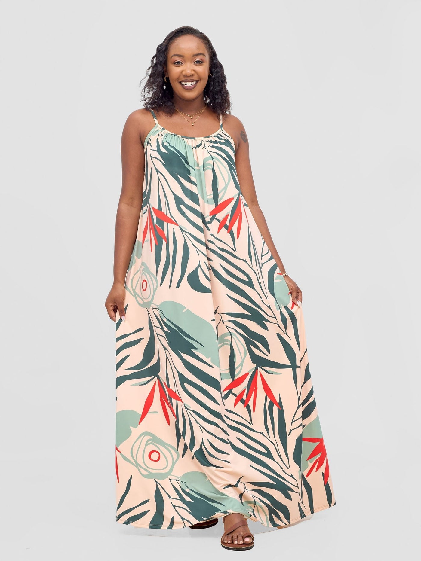 Vivo Sarabi Strappy Low Back Maxi Dress - Peach / Green Deza Print - Shopzetu