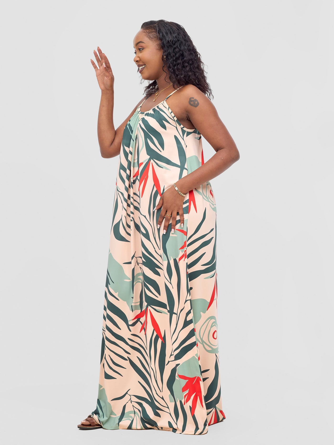 Vivo Sarabi Strappy Low Back Maxi Dress - Peach / Green Deza Print - Shopzetu