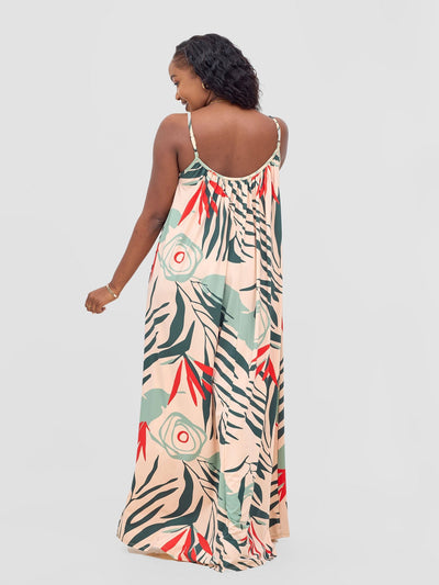 Vivo Sarabi Strappy Low Back Maxi Dress - Peach / Green Deza Print - Shopzetu