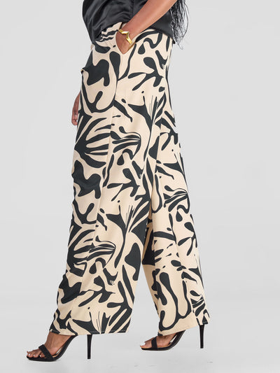 Vivo Zahari Drawstring Wide Leg Pants - Beige / Black Zari Print