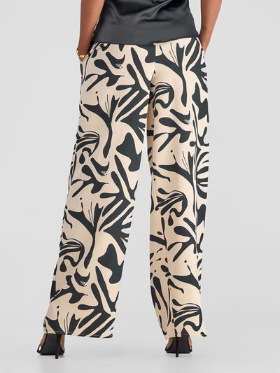 Vivo Zahari Drawstring Wide Leg Pants - Beige / Black Zari Print