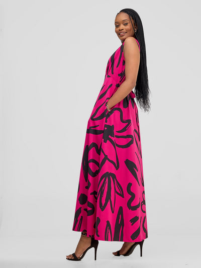 Vivo Chesi V - Neck Maxi Dress - Hot Pink / Black Hesi Print - Shopzetu