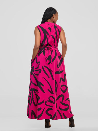 Vivo Chesi V - Neck Maxi Dress - Hot Pink / Black Hesi Print - Shopzetu