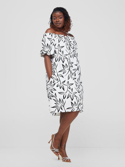 Vivo Situ Off Shoulder Tie Dress - Off - white / Black Weni Print - Shopzetu