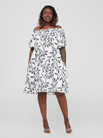 Vivo Situ Off Shoulder Tie Dress - Off - white / Black Weni Print - Shopzetu