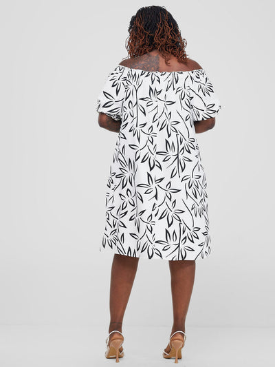 Vivo Situ Off Shoulder Tie Dress - Off - white / Black Weni Print - Shopzetu