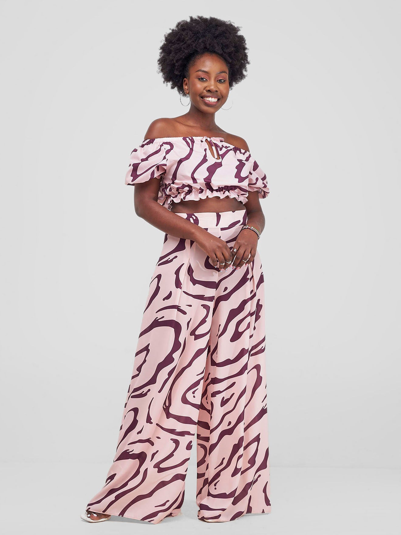 Zoya Shani Off Shoulder Crop Top - Burgundy / Peach Sani Print