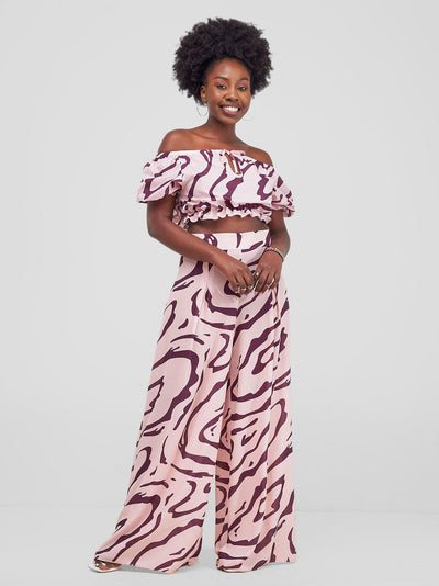 Zoya Shani Off Shoulder Crop Top - Burgundy / Peach Sani Print