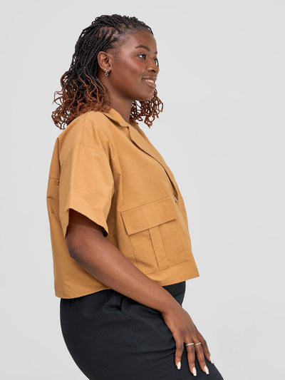 Safari Bush Cropped Short Sleeve Shacket - Gold - Shopzetu