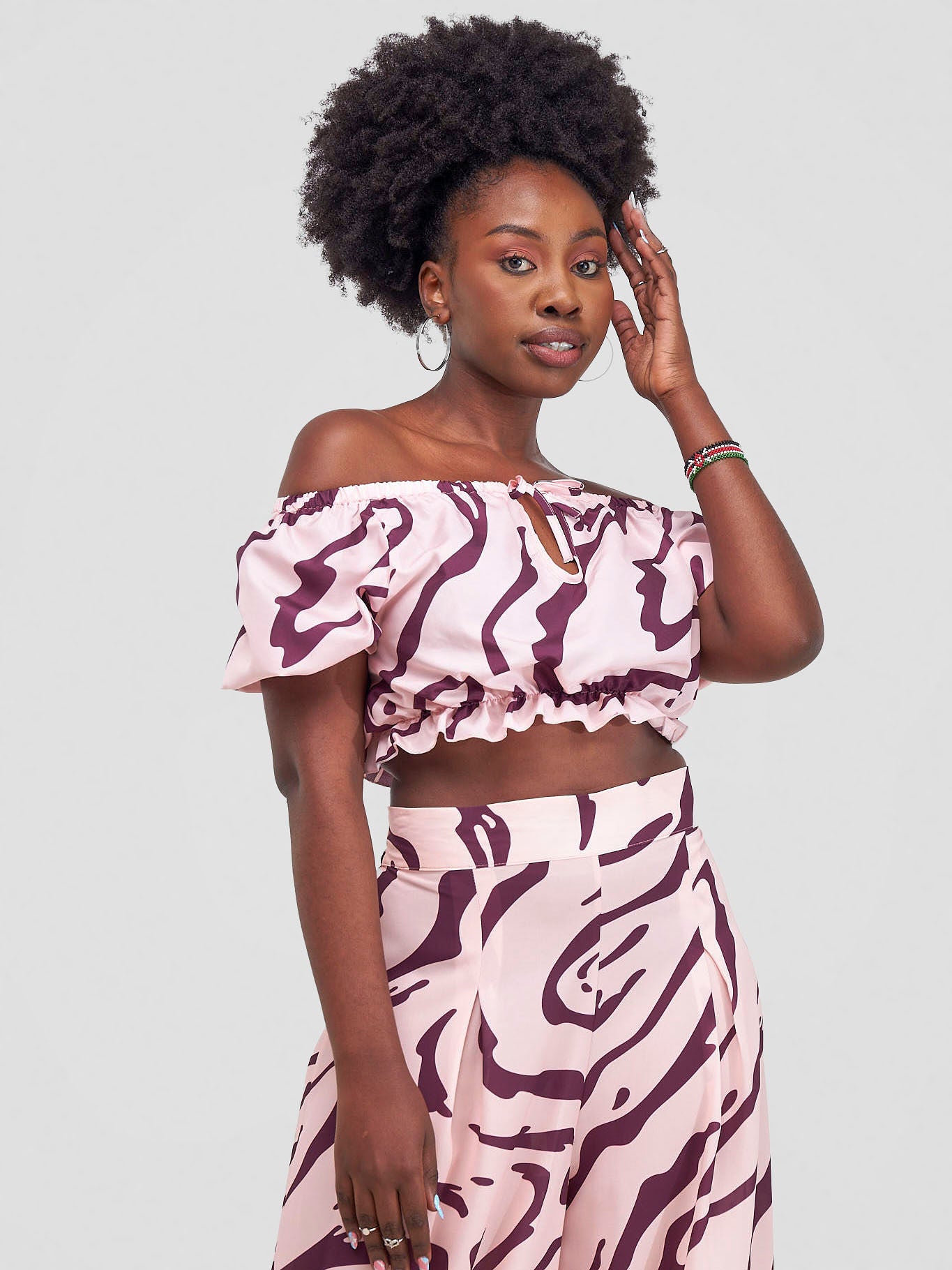 Zoya Shani Off Shoulder Crop Top - Burgundy / Peach Sani Print