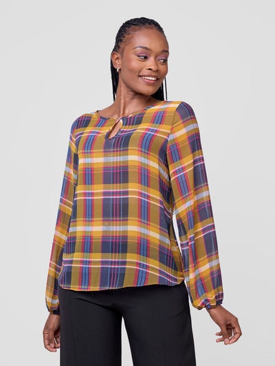 Vivo Sierra Bishop Sleeve Top - Plaid Mustard - Shopzetu