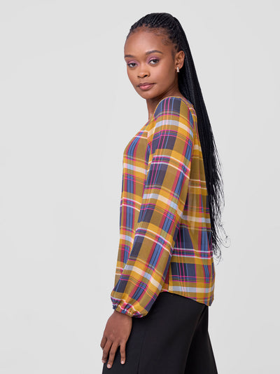 Vivo Sierra Bishop Sleeve Top - Plaid Mustard - Shopzetu