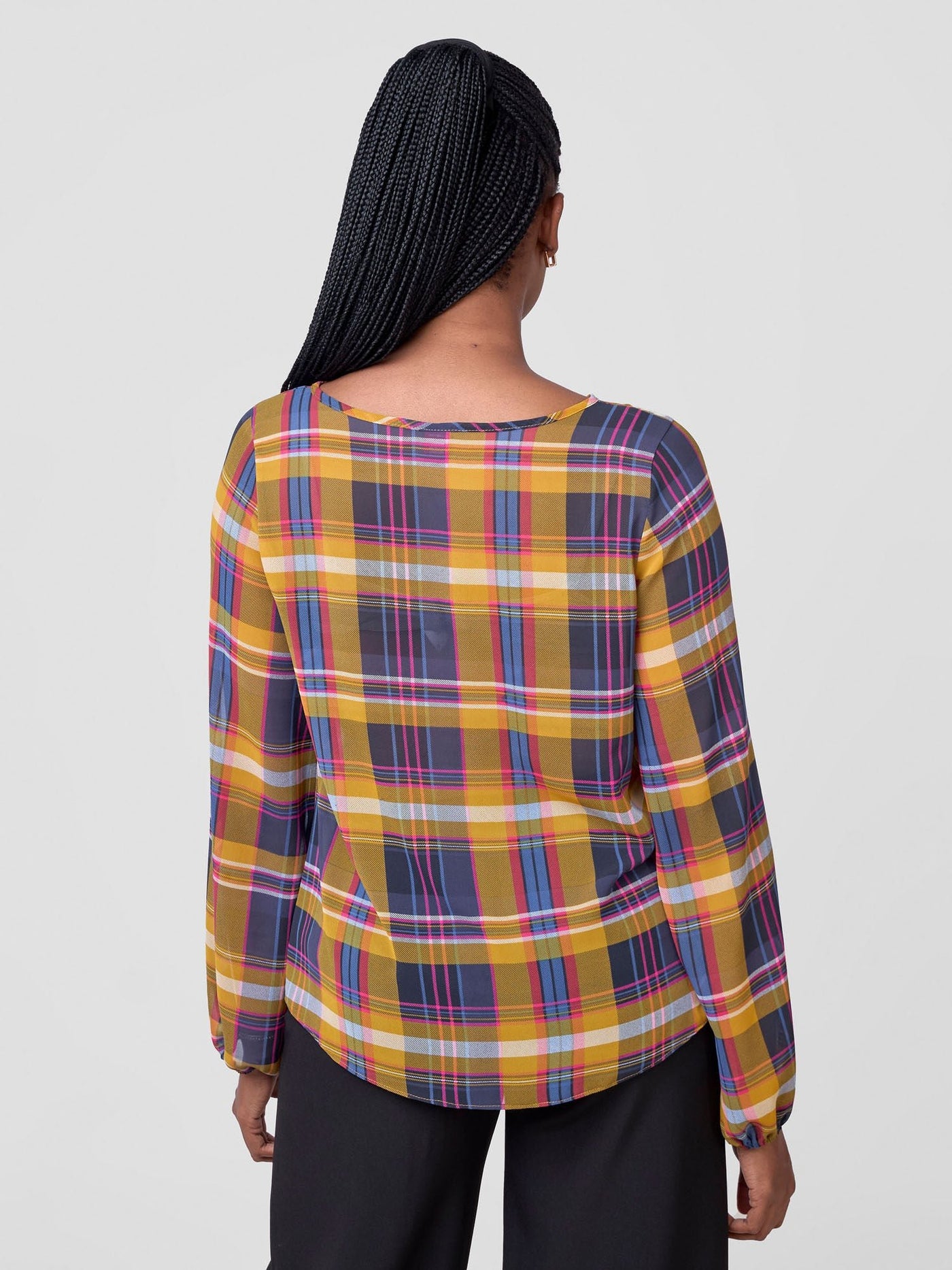 Vivo Sierra Bishop Sleeve Top - Plaid Mustard - Shopzetu