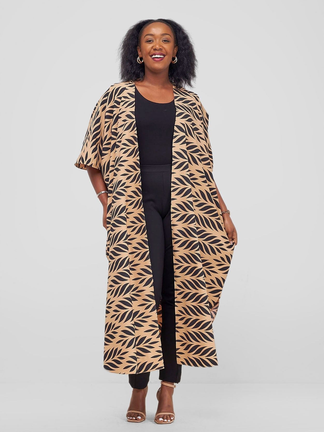 Vivo Basic Open Kaftan - Taupe / Black Print - Shopzetu