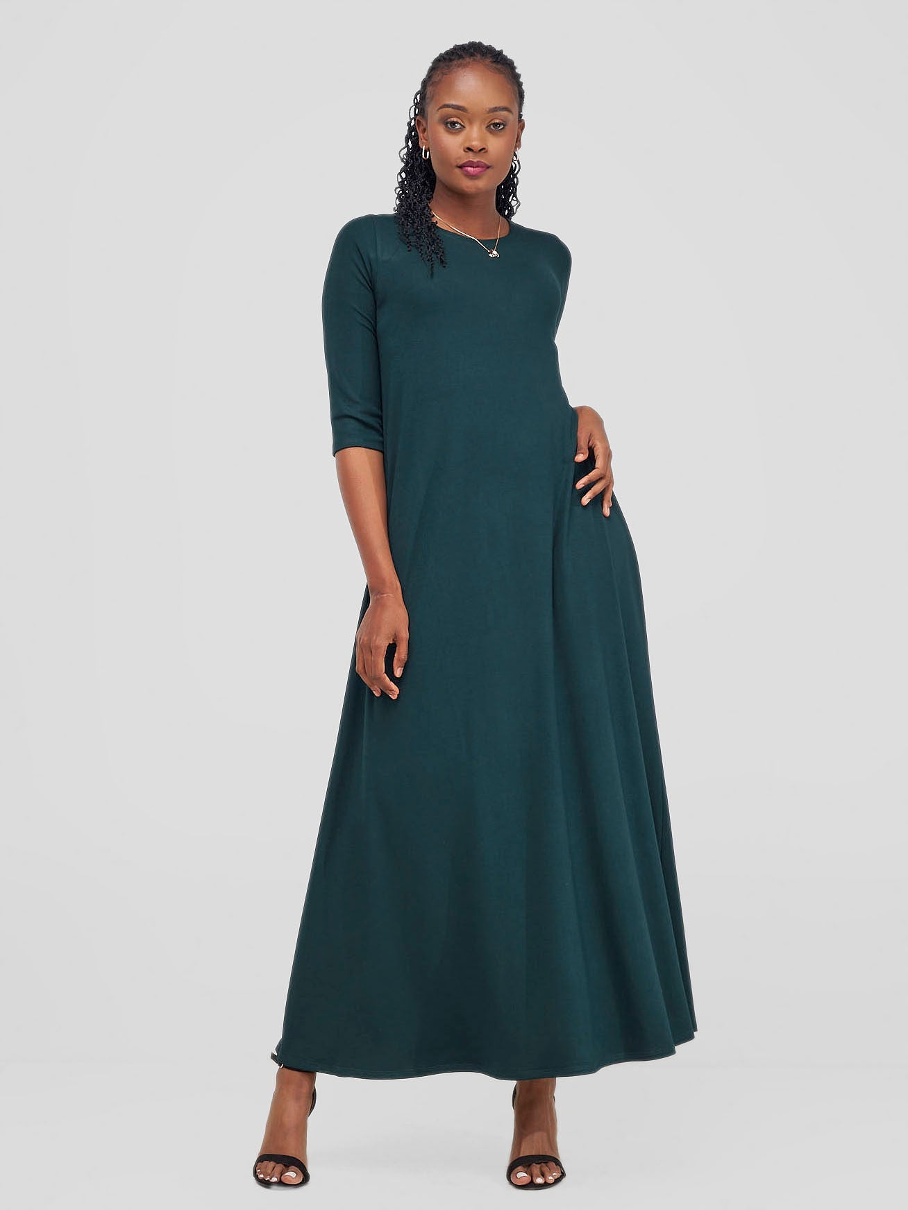 Vivo Basic Julia 3/4 Sleeve Back Pleat Maxi Dress - Dark Green