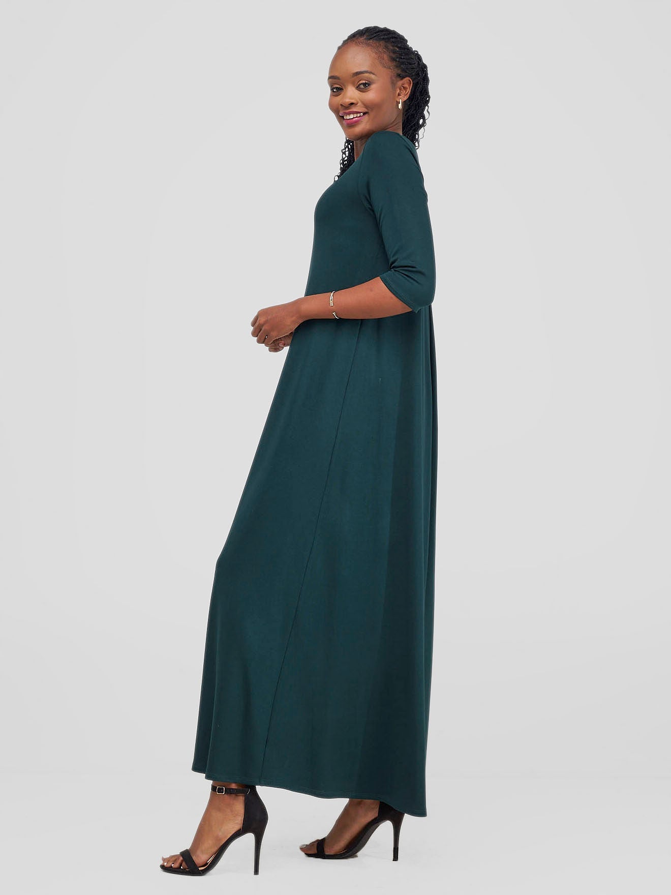 Vivo Basic Julia 3/4 Sleeve Back Pleat Maxi Dress - Dark Green