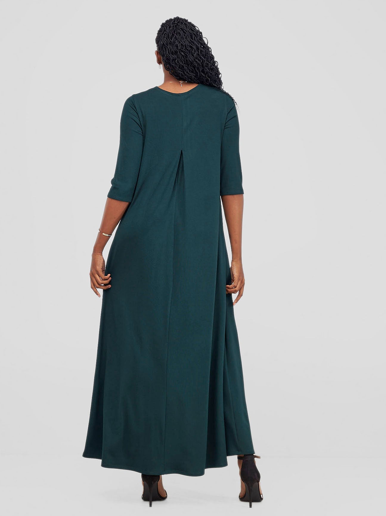 Vivo Basic Julia 3/4 Sleeve Back Pleat Maxi Dress - Dark Green