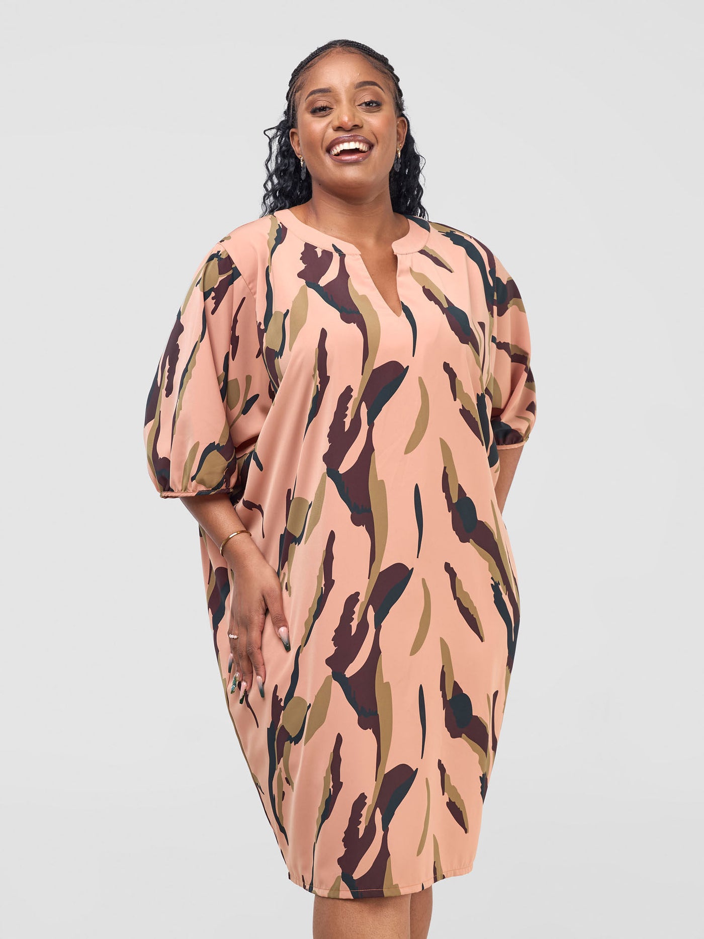 Vivo Reba Dolman Dress  - Tan / Brown Riba Print