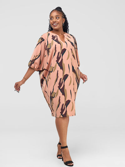 Vivo Reba Dolman Dress  - Tan / Brown Riba Print