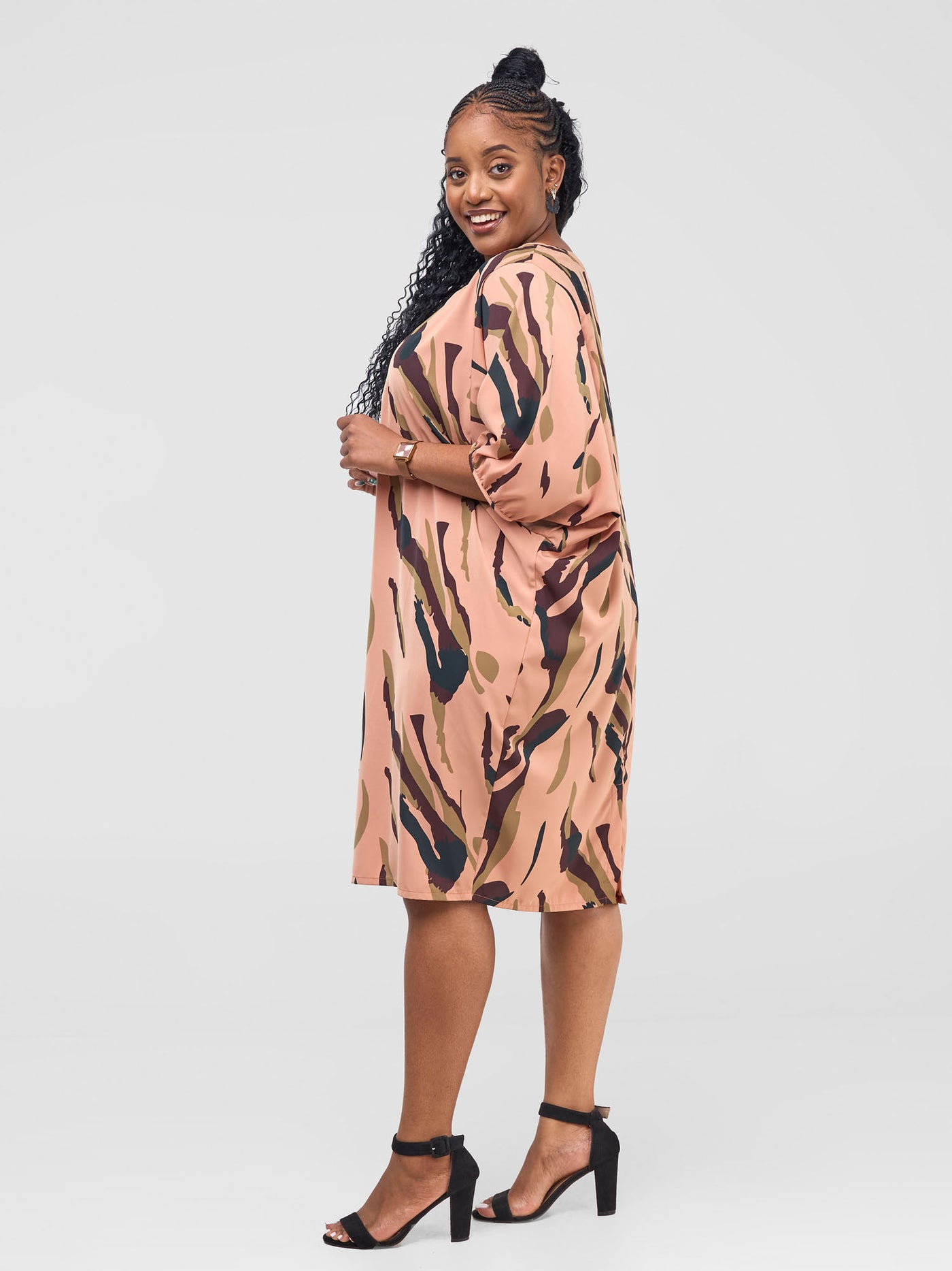 Vivo Reba Dolman Dress  - Tan / Brown Riba Print