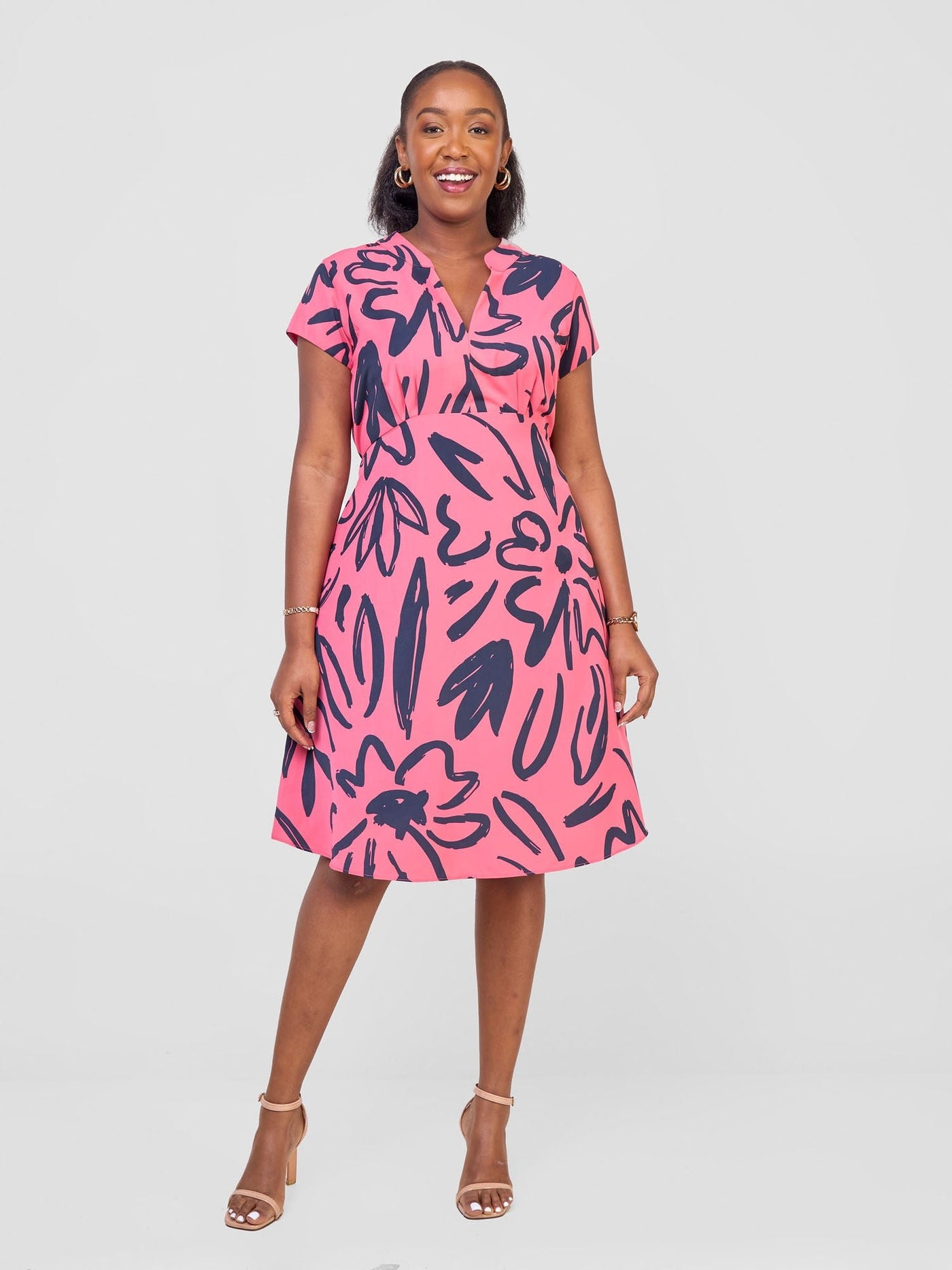 Vivo Chesi V - Neck Dress - Rose / Pink Hesi Print - Shopzetu