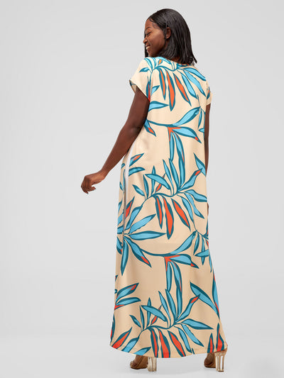 Vivo Kelemi Layered Maxi Dress - Off-White + Taupe / Blue Lemi Print