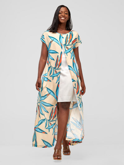 Vivo Kelemi Layered Maxi Dress - Off-White + Taupe / Blue Lemi Print