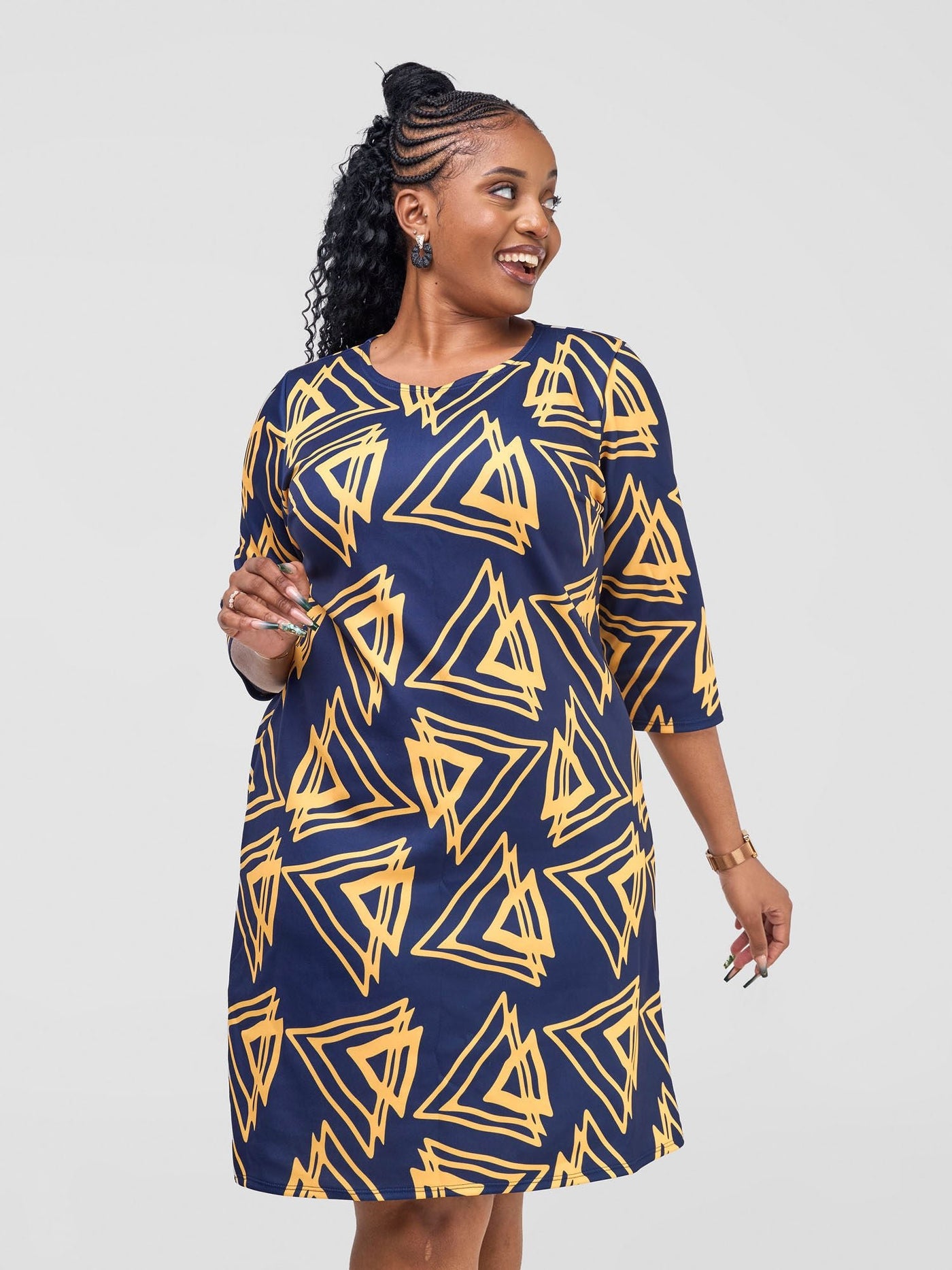 Vivo Tatili 3/4 Sleeve A Line Dress - Navy / Mustard Pembe Print - Shopzetu