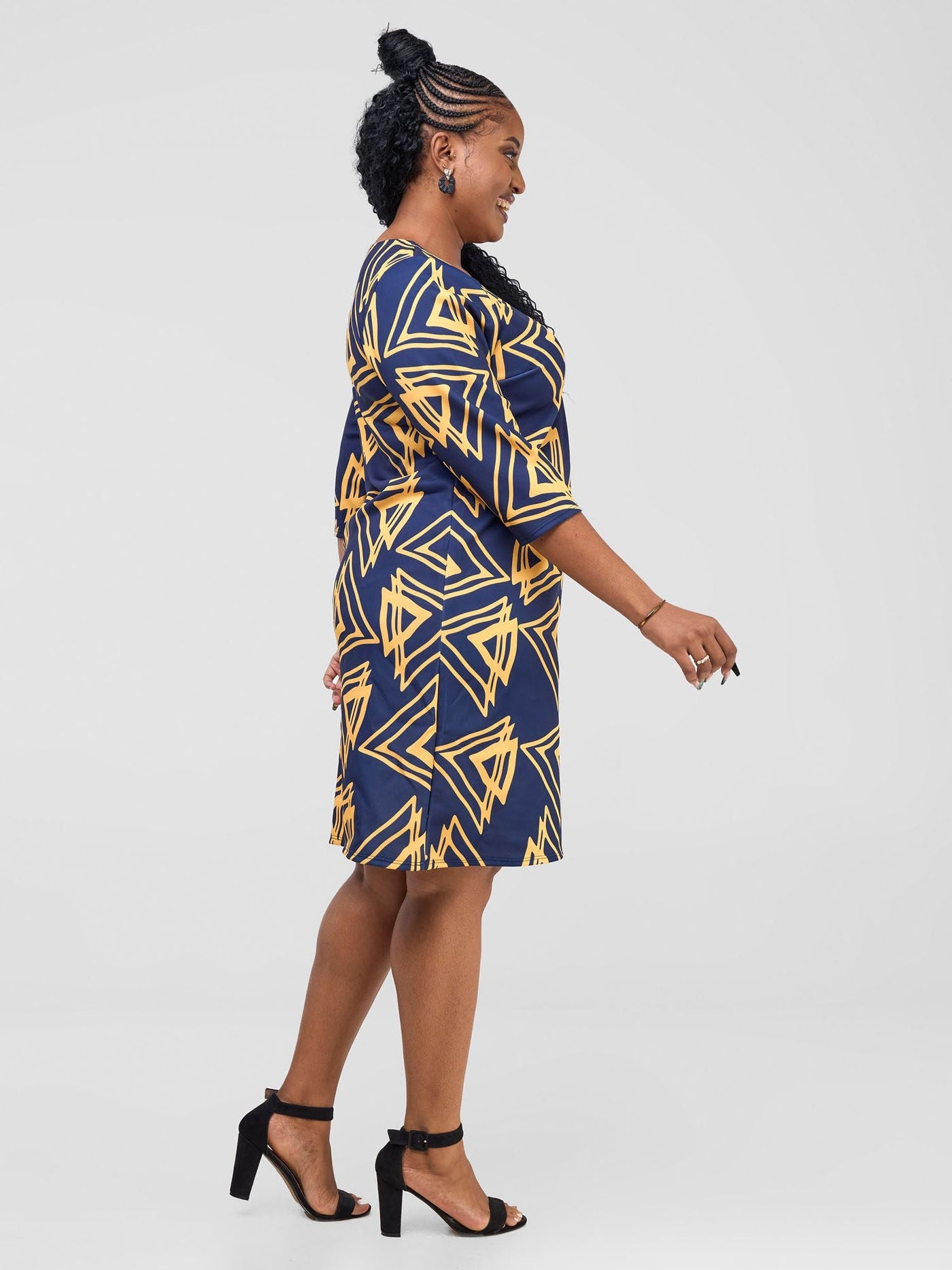 Vivo Tatili 3/4 Sleeve A Line Dress - Navy / Mustard Pembe Print - Shopzetu