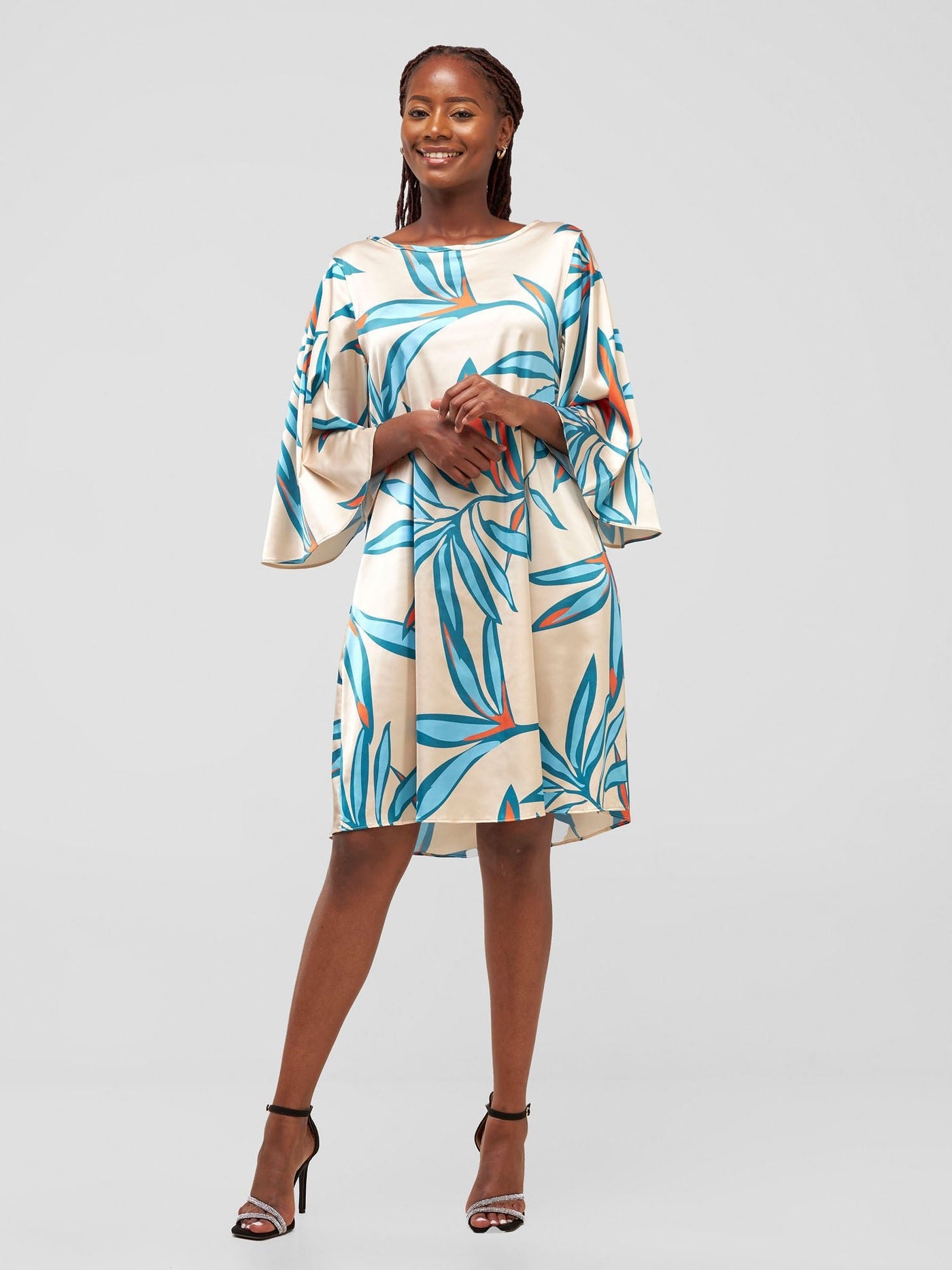 Vivo Kelemi A - Line Knee Length Dress - Taupe / Blue Lemi Print - Shopzetu