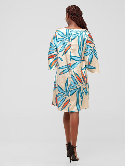 Vivo Kelemi A - Line Knee Length Dress - Taupe / Blue Lemi Print - Shopzetu