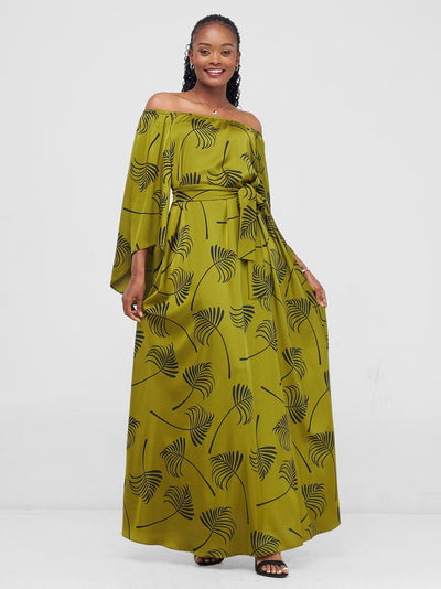 Vivo Sanali Off - Shoulder Maxi Dress - Olive / Black Lifi Print - Shopzetu