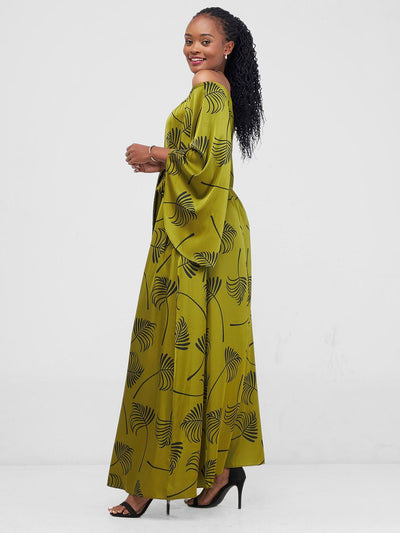 Vivo Sanali Off - Shoulder Maxi Dress - Olive / Black Lifi Print - Shopzetu