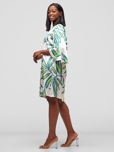 Vivo Kelemi A-Line Knee Length Dress - Taupe / Green Lemi Print