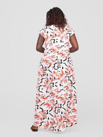 Vivo Zola V Neck Cap Sleeve Maxi Dress - White / Red Print - Shopzetu