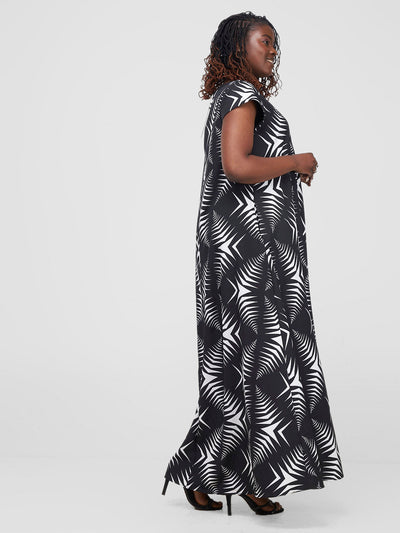 Basic Cap Sleeve Maxi Tent Dress - Black / White Print