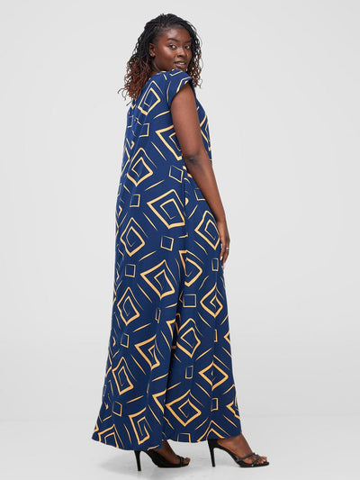 Vivo Basic Cap Sleeve Maxi Tent Dress - Navy / Orange Print - Shopzetu