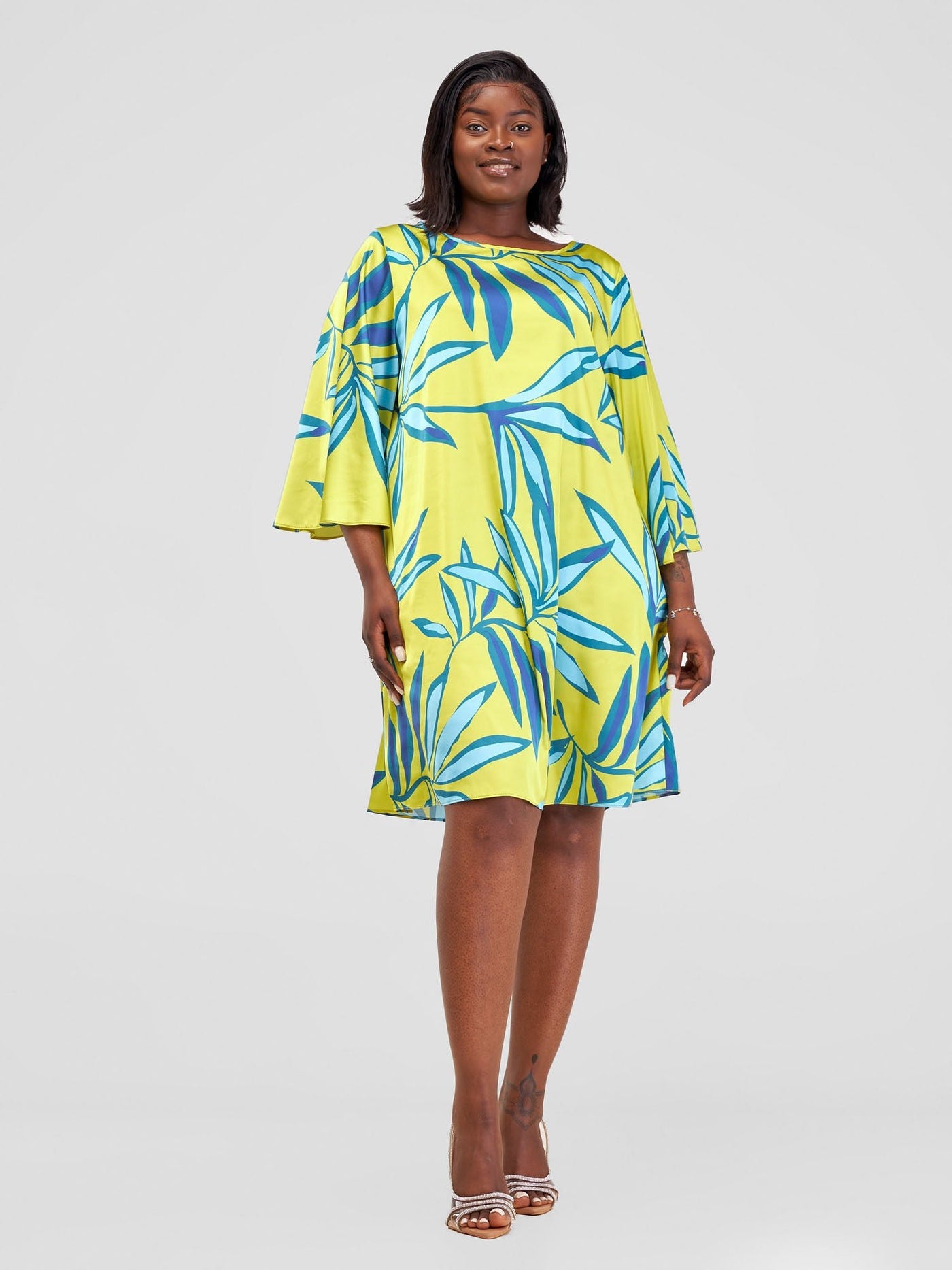 Vivo Kelemi A - Line Knee Length Dress - Green / Teal Lemi Print - Shopzetu