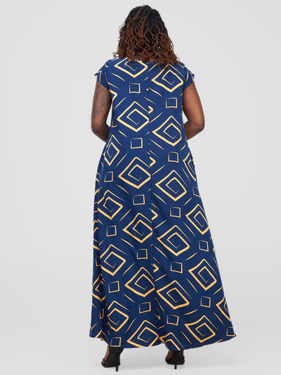 Vivo Basic Cap Sleeve Maxi Tent Dress - Navy / Orange Print - Shopzetu