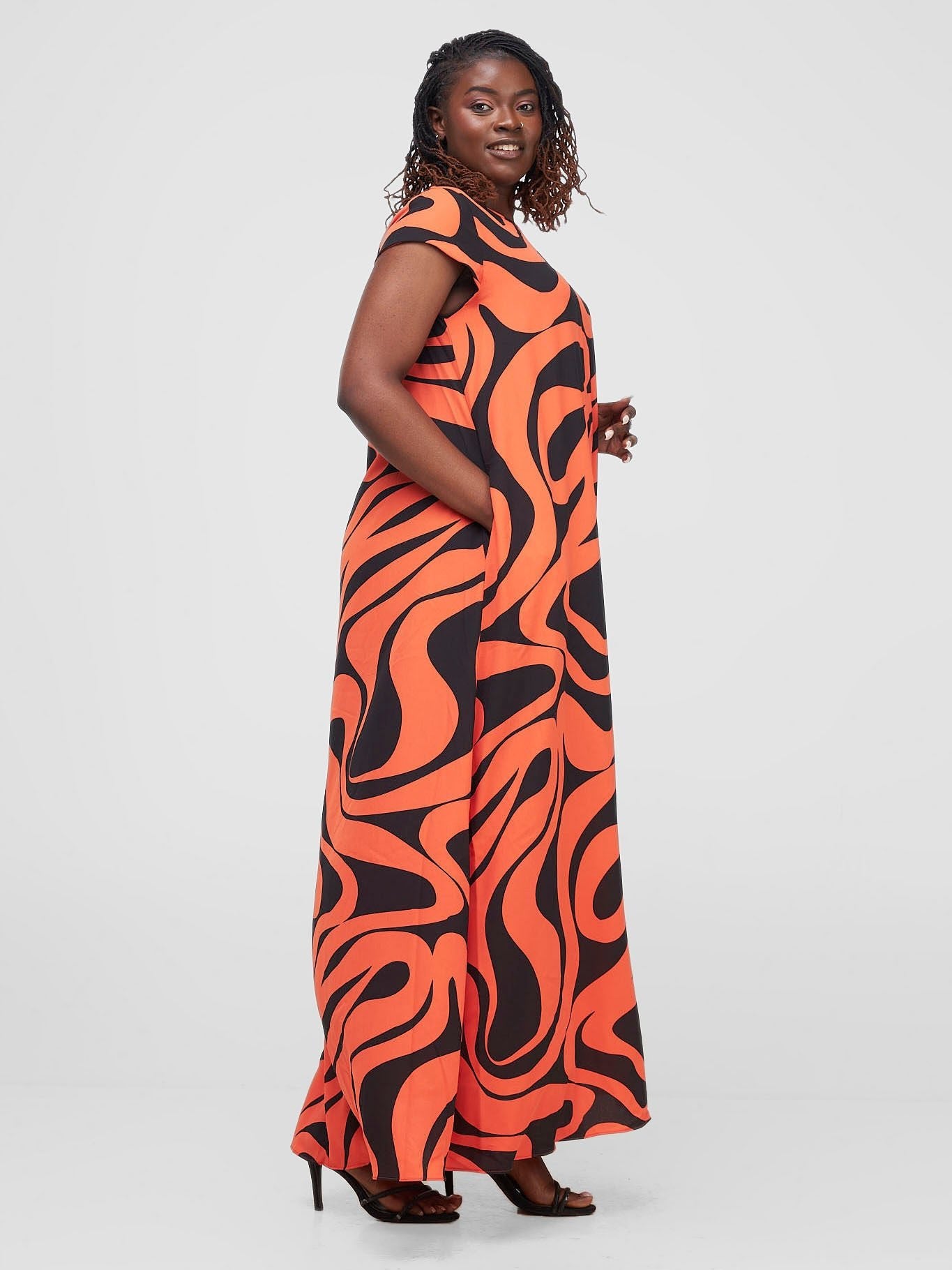 Vivo Basic Cap Sleeve Maxi Tent Dress - Orange / Black Manda Print - Shopzetu